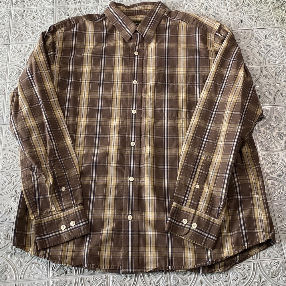 Vintage Eddie Bauer Brown Plaid Long Sleeve Button Down Shirt Classic Fit L
